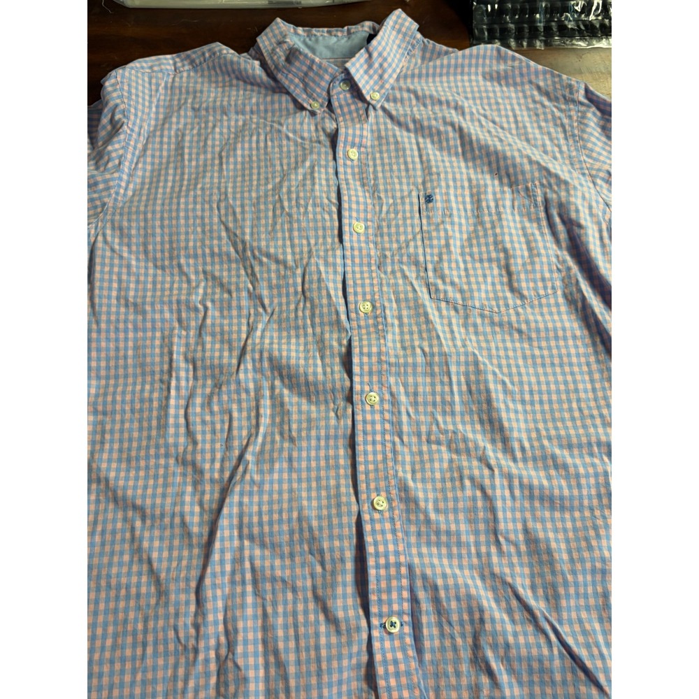IZOD Premium Essentials Mens Blue Peach Gingham Short Sleeve Button Down Shirt